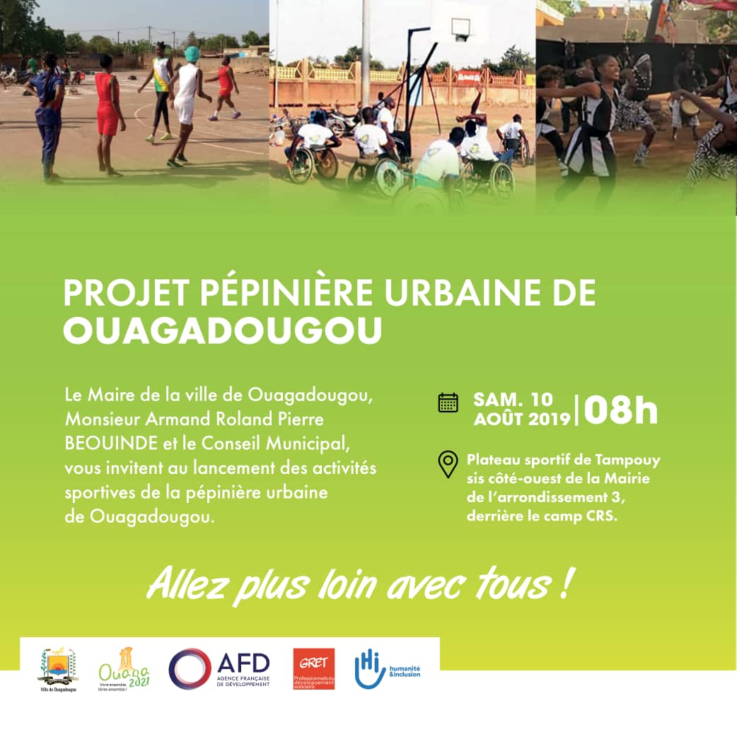Le Maire Armand BEOUINDE convie les citoyens au lancement des activités sportives de la pépinière urbaine de Ouagadougou, ce 10 août, à 8h au plateau sportif de Tampouy.
Au programme :Campagne de reboisement et ancement de : handi sport, basket ball, handball volleyball