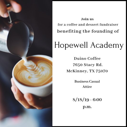 Want to know more about Hopewell? Join us for a free coffee and dessert fundraiser next week at <a href="/DuinoCoffee/">Duino Coffee</a> in McKinney! RSVP to alan.brawdy@hopewell.academy. See you there!