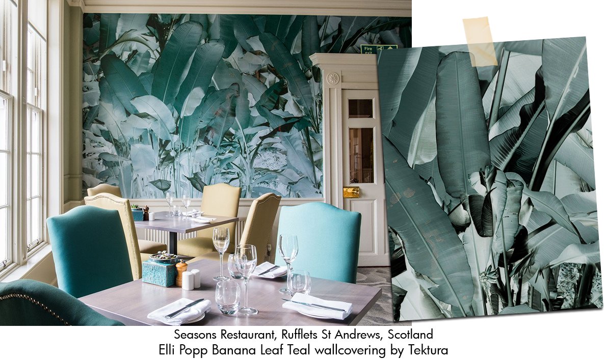 It's a fine dining experience with a wow at <a href="/Rufflets_Hotel/">Rufflets Hotel</a>, where they've used our <a href="/ElliPoppDesigns/">Katja Behre</a>​ Banana Leaf teal #wallcovering! Follow the link to see more: bit.ly/2ZP8s9c #interiordesign #biophilia #restaurantdesign