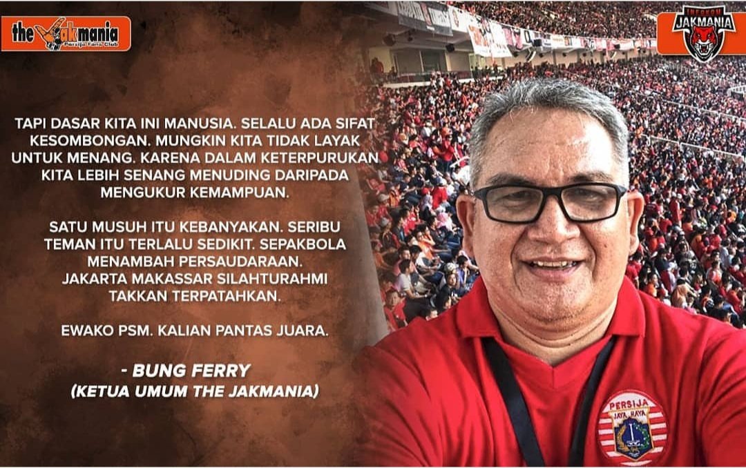 Sosok seperti Bung Ferry mesti dimiliki kepada seluruh pemimpin suporter di Indonesia. Tak perlu jadi beliau, karna setiap pemimpin pst punya cara masing2. yang penting tujuannya sama, yaitu meredamkan, bukan memanaskan suasana. #Respect