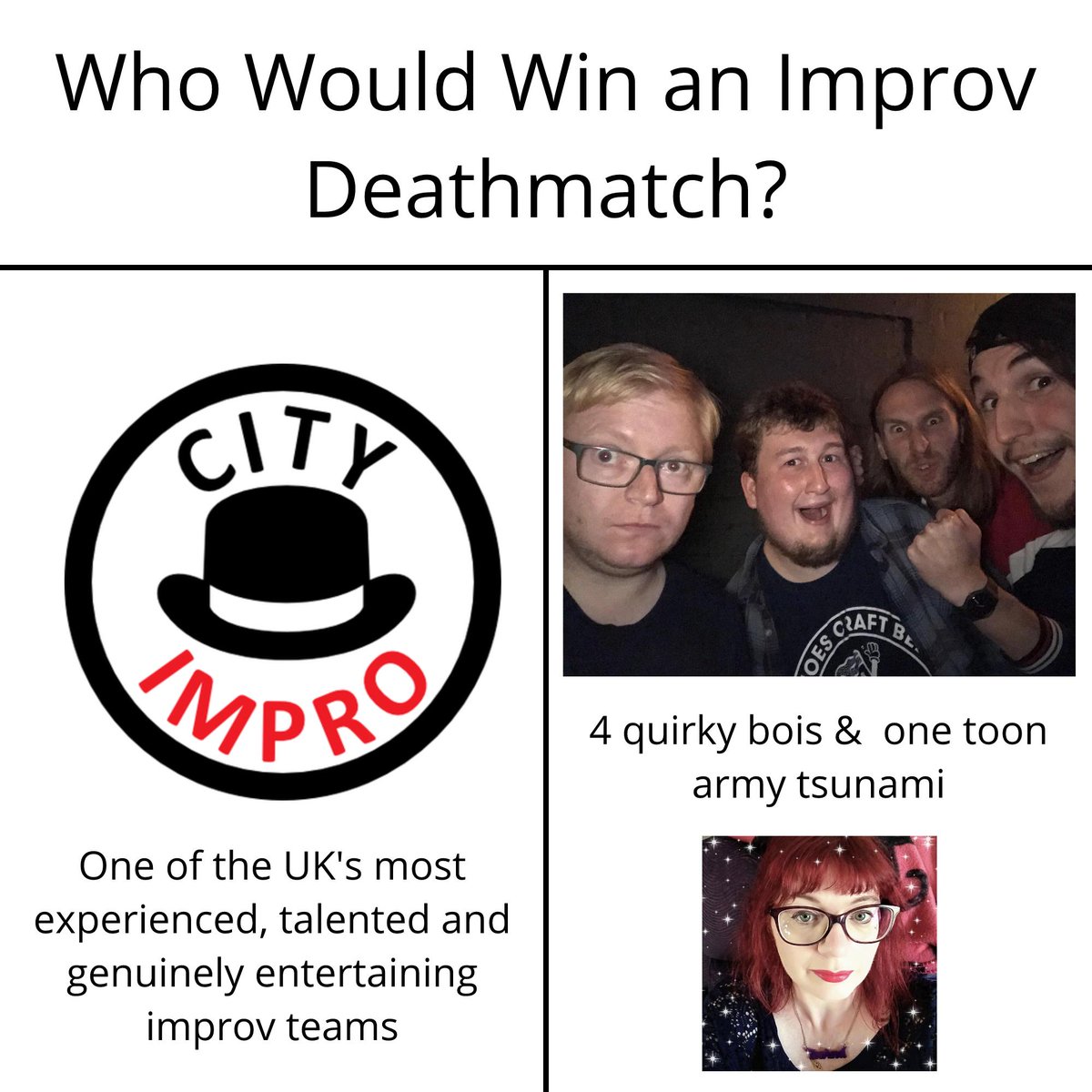 oofcomedyuk's tweet photo. Not long now until we're on stage with @CityImpro for the @ImproDeathmatch at @CamdenFringe 2019! 💪

Come along and see who takes the (hopefully literal) crown tonight at Aces &amp; Eights - NW5!

#improv #improvlove #improvdeathmatch #camdenfringe https://t.co/3G5PBMizfA