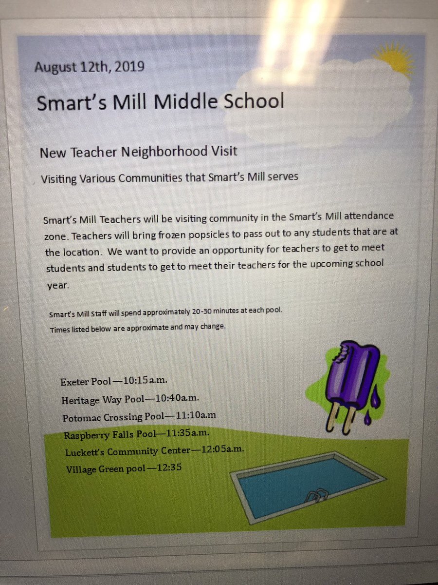 Smart’s Mill Middle School staff will be visiting the communities on August 12th. See the schedule below! We hope to see you there.