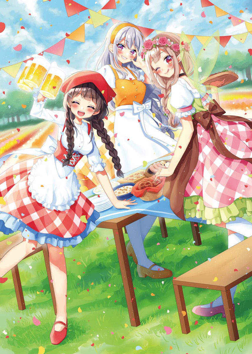 higuchi kaede ,tsukino mito beer mug 3girls multiple girls mug twin braids braid beer  illustration images