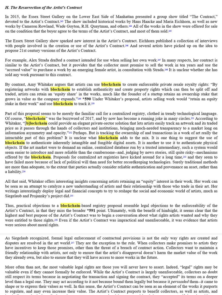 Article in <a href="/KYLawJournal/">Kentucky Law Journal | Vol. 111</a> addressing Art &amp; Contract Negotiation addresses arguments made by <a href="/theamywhit/">Amy Whitaker</a> suggesting that #blockchain tech may be used to create enforceable private resale royalty rights
