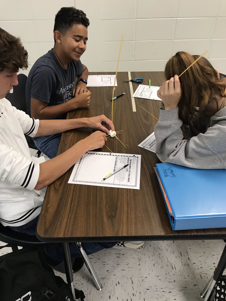 KatieCreson's tweet photo. Team building in 8th grade science at @OBMSPride today with the marshmallow/spaghetti noodle challenge! #obms #placetobe https://t.co/pmIPxe4P4I