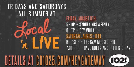 We've got the music, food, and beverages 🍻 all we're waiting for is you! Stop by the Gateway Beer Garden this weekend for free local music! #drinklocal #rocklocal #heygateway #craftnotcrap @DISPourHouse <a href="/MiddleWestSpts/">Middle West Spirits</a> <a href="/WolfsRidgeBrew/">Wolf's Ridge Brewing</a> @CD1025FM