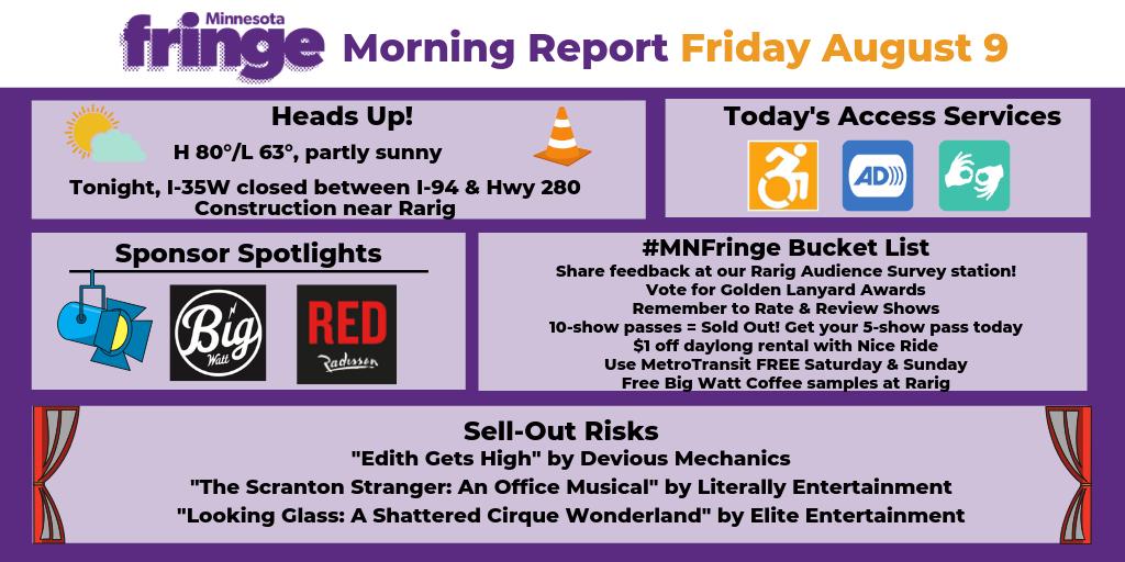 mnfringe's tweet photo. Join us for the final weekend of the 2019 #MNFringe Festival! Make sure to purchase tickets in advance to see all your top picks -> https://t.co/V1H8miBADO. Here’s your daily adventure guide to the Festival Season…
#AdventurousArtists #AdventurousAudiences https://t.co/NBODoffiam