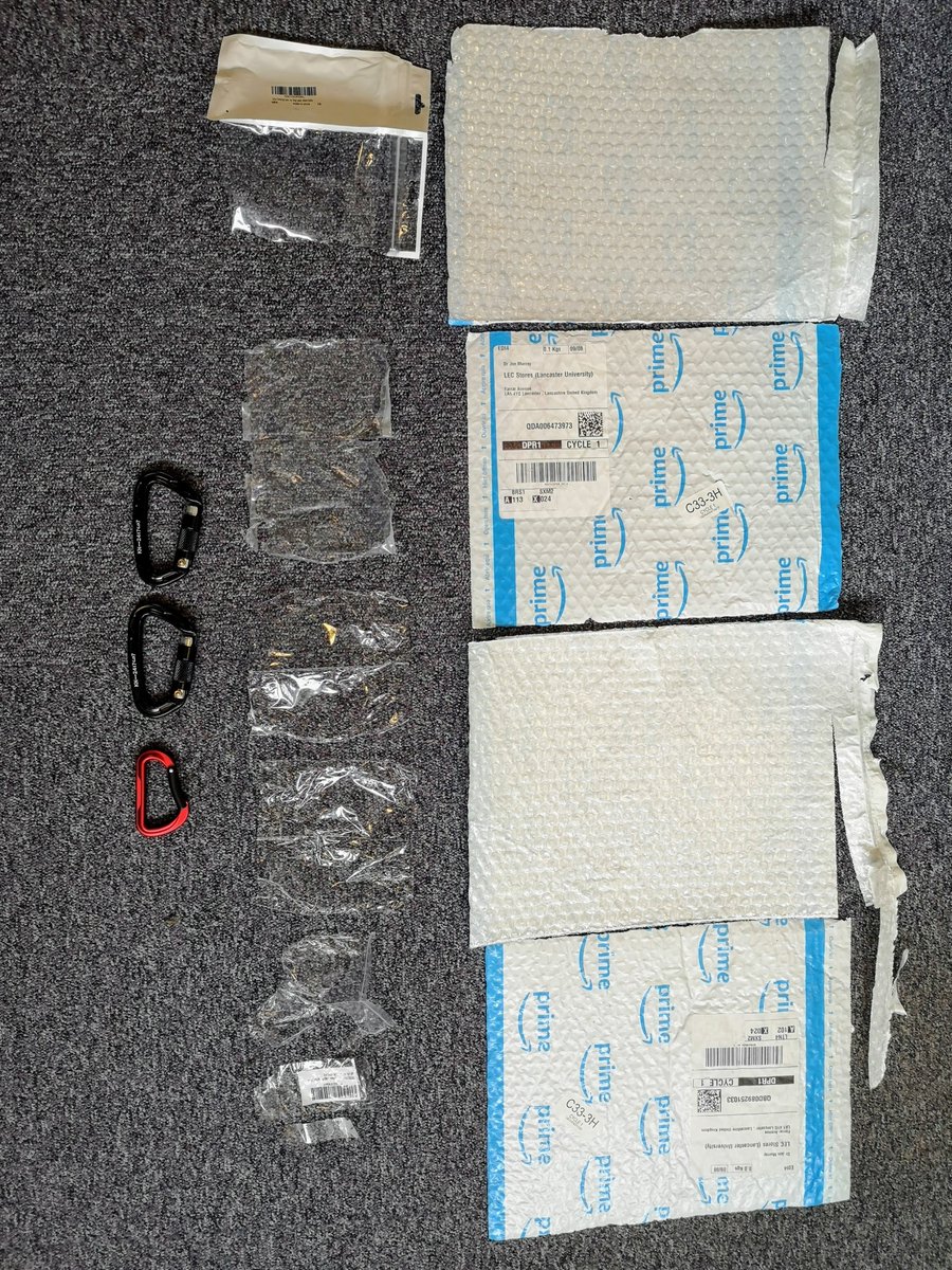 DrJonMurray's tweet photo. karabiner individually plastic wrapped, then paired and plastic wrapped again, and then wrapped again! That’s 4 layers of single use plastic wrapping! Smarten up your act @amazon &amp; @AmazonUK and stop this #plasticpollution madness. https://t.co/ggAQbzk9Ez