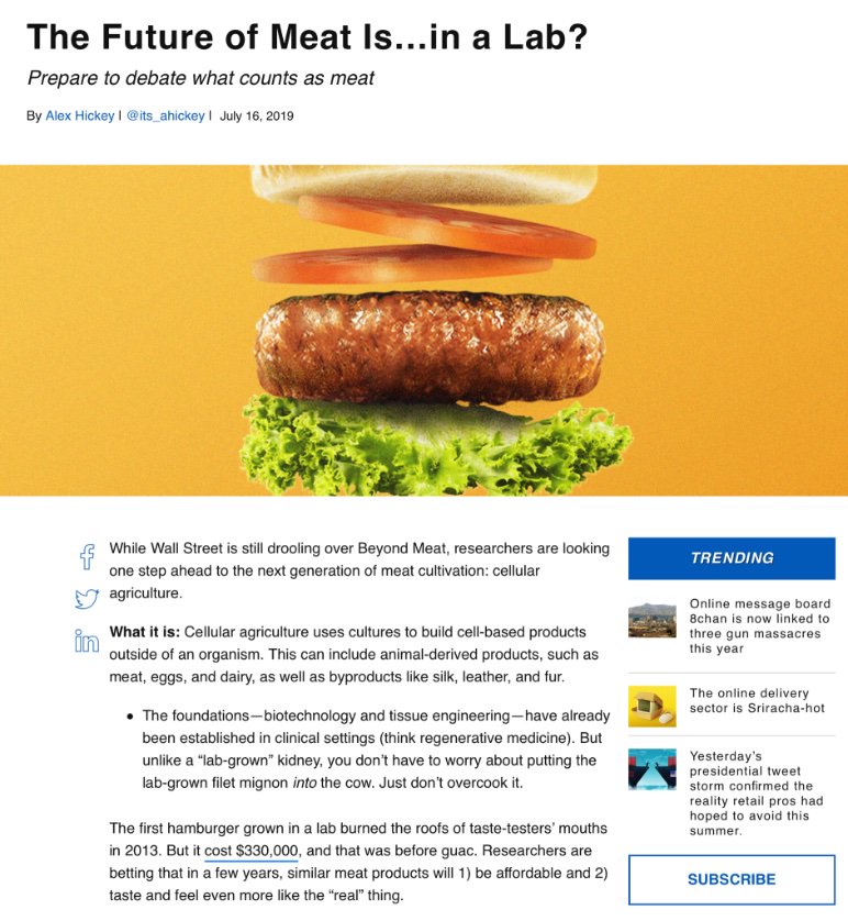 Concerned that cultured meat products will be GMO, possibly creating an immune response? In reality, biotech companies won’t have to genetically modify products. Cells are just replicated. Health foodies get on-board! Read new up-and-coming #technology: morningbrew.com/stories/the-fu…
