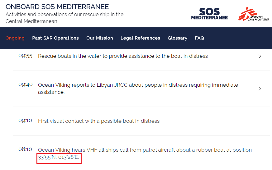 francescatotolo's tweet photo. @SOSMedFrance @MSF_ITALIA @alarm_phone Nel "diario di bordo", @SOSMedFrance e @MSF_ITALIA pubblicano le coordinate dove hanno "trovato" il gommone (33°55’N, 013°28’E) le medesime dove è stato lanciato il rhib #Easy2 alle 2:19.
Però le #ONG insistono con l'affermare che alle 9:10 è avvenuto il "primo contatto visivo". https://t.co/tnjOaaQbp5