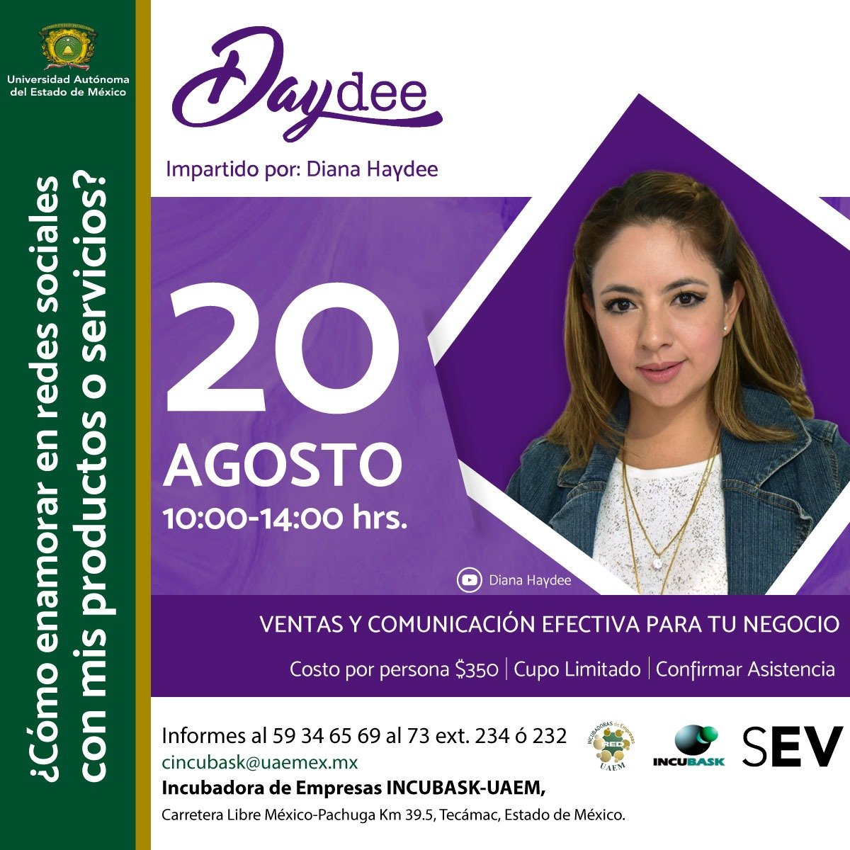 incubask's tweet photo. ¿Ya apartaste tu lugar? No te pierdas la oportunidad de conocer a Daydee, diseñadora, empresaria y youtuber. ¡Te esperamos! informes al 59 34 65 69. https://t.co/MtMKGy4pXq