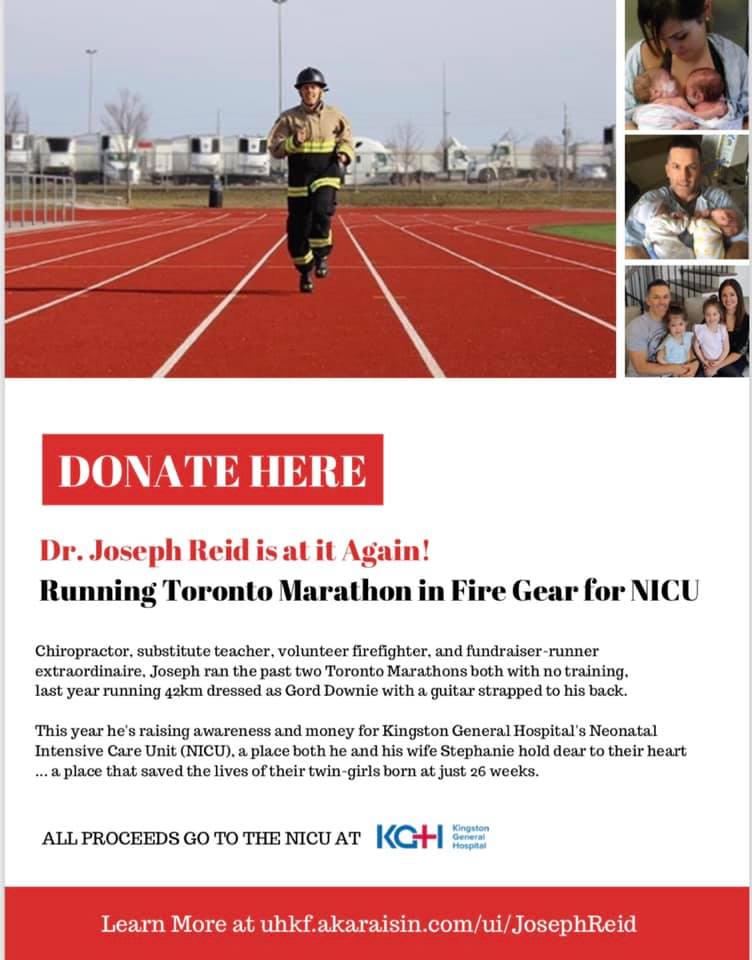 KingstonWebwork's tweet photo. Our President Stephanie Reid's incredible husband Joseph Reid will be participating in the 42KM Toronto Waterfront Marathon again this year! But this time around, he will be running the race in full fire fighting gear!! 🚒 Click here to show your support: https://t.co/LOHtI18fJm https://t.co/uHGBCcilUA