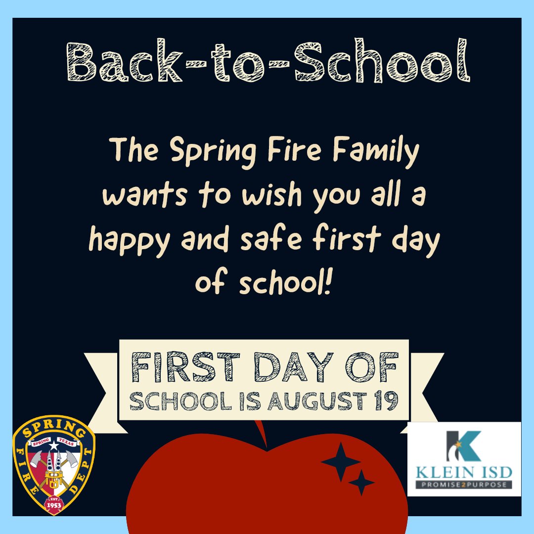 Springfdtx's tweet photo. The #SpringFireFamily wishes all the students, faculty and staff at @KleinISD a great first day of school! We are #SpringFireProud of all of you. https://t.co/blHEFUZkbd