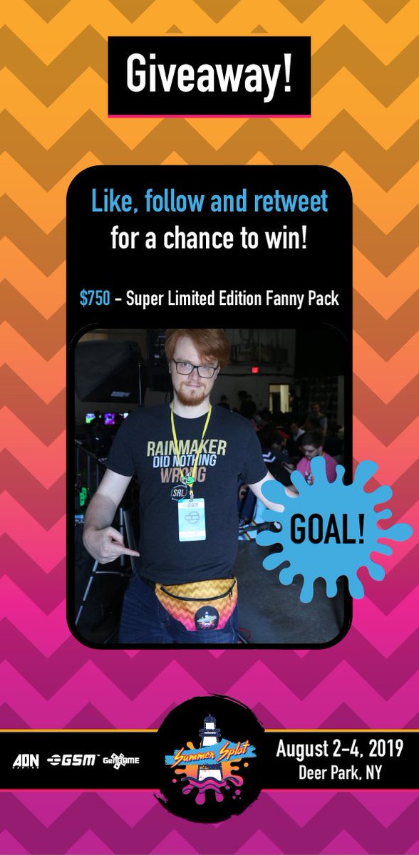 GSM_Splat's tweet photo. Good news - we tallied up the donations for #SummerSplat19 and we reached the goal for the fanny pack giveaway! Thank you!
Only two of these bad boys exist (boy not included). Follow, like, and retweet to enter to win! Winner will be selected on Monday, Aug. 12. https://t.co/wLBmWN70IS