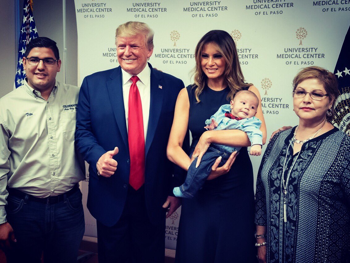 The_Jolin's tweet photo. All of the hospitalized El Paso victims refused to meet with Trump. 

So he brought in a baby who’s parents both died in the shooting and used him as a photo-op. 

My dog’s vomit has more social awareness and empathy than Trump. https://t.co/jlsw5spk2h