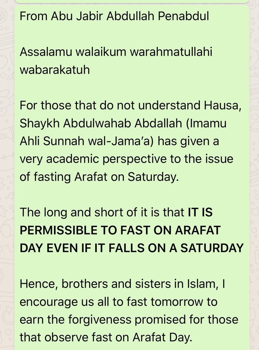 PenAbdull's tweet photo. Assalamu alaikum warahmatullahi wabarakatuh. For all those that sent me message on my DM regarding fasting on Arafat Day if it falls on a Saturday. Below is the answer. https://t.co/SXnDlpREXj