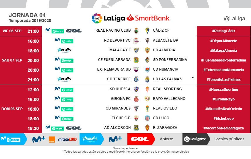 Horarios de la jornada 4 de LaLiga SmartBank.