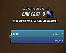 LavitzStarlove's tweet photo. I made a thing. A Classic WeakAura to track number of Frostbolts you can currently cast (or Rank 1-3 Fireball when appropriate). It will determine what your best spell you can use is, and will notify you when you have a new rank available to train! #ClassicWoW #Mage #WeakAura https://t.co/OuOD0IpTfS