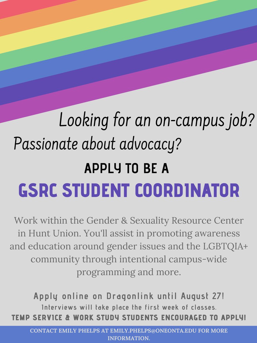 OneontaGSRC's tweet image. The GSRC is hiring for the fall! If interested, please apply through DragonLink: suny.oneonta.edu/career-develop…