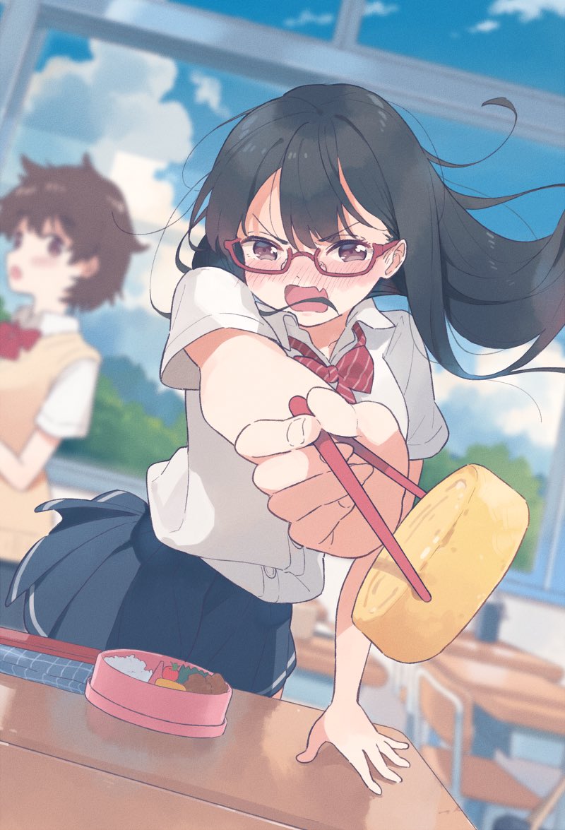 手作りお弁当のおかずを無理やり食べさせようとする子 にらればのイラスト 手作りお弁当のおかずを無理やり食べさせようとする子 にらればのイラスト