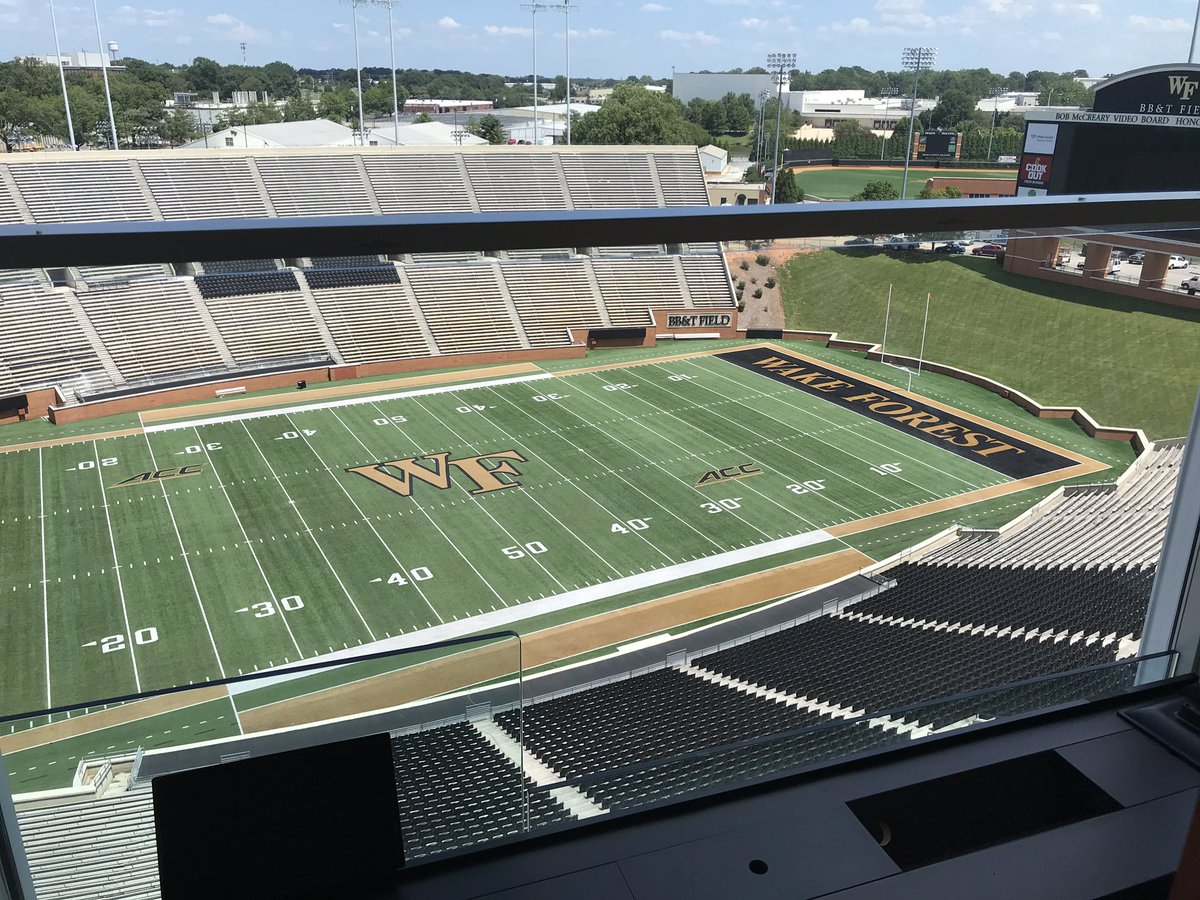 StanCottenWF's tweet photo. Won’t be empty for long.. @WakeFB @USUFootball #bbtfield set to go three weeks from tonite to open 2019 season. Tickets going fast - don’t miss out! See you soon on the radio - first @CoachClawson Show Aug21 @BibsDowntown #godeacs https://t.co/VebjREtJJq