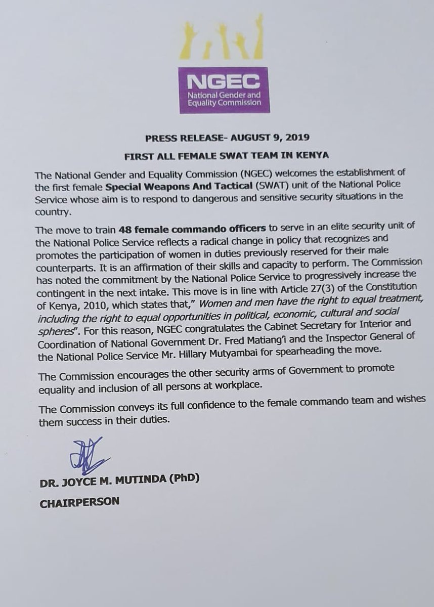 NGECKenya's tweet photo. PRESS RELEASE: FIRST ALL FEMALE POLICE COMMANDO TEAM https://t.co/oe64lXLag8