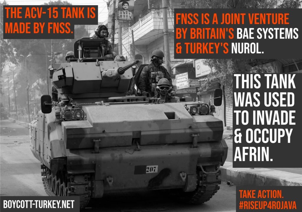 kurdistansolnet's tweet photo. British company BAE are complicit in Turkey's war crimes in Afrin. 

Join us in taking action against them, and the other companies exhibiting at the DSEI arms fair, on September 6/7

Read the latest research on them at https://t.co/XXWGt3IuRS

@RISEUP4R0JAVA 
@CAATuk https://t.co/E4BDe0rzqg
