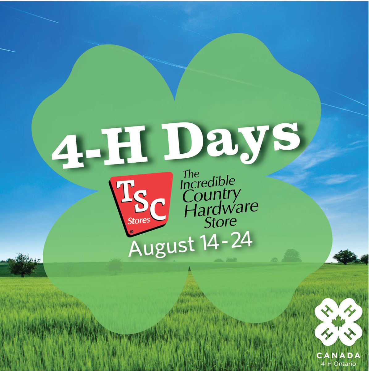 4HOntario's tweet photo. 4-H Ontario and TSC Stores are proud to present #4HDays from August 14 to 24 at TSC stores across the Province! #LearnToDoByDoing #4His4me Learn more about 4-H Days here: https://t.co/BdL6HgNehW https://t.co/UmOPZ1DdvU