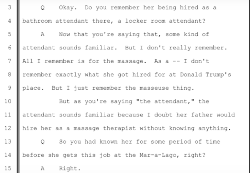 James Ausritch, Giuffre's former boyfriend describes when she told him of her "work" at Mar-a-lago and with Epstein. There's a section with an Epstein video deposition, but it consist of him taking the 5th on every question.