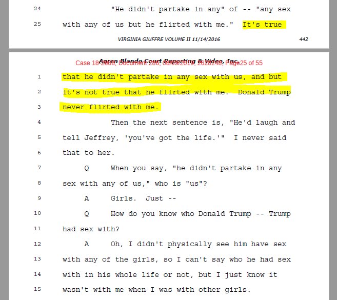 MerrisBadcock's tweet photo. Giuffre also corrects the record on President Donald Trump (who was not yet President at the time). "It's true that he didn't partake in any sex with us...Donald Trump never flirted with me." https://t.co/x4WX6m7WQb @WPTV @WPTVContact5 @samsminkWPTV @realDonaldTrump https://t.co/nfqYibjLe3