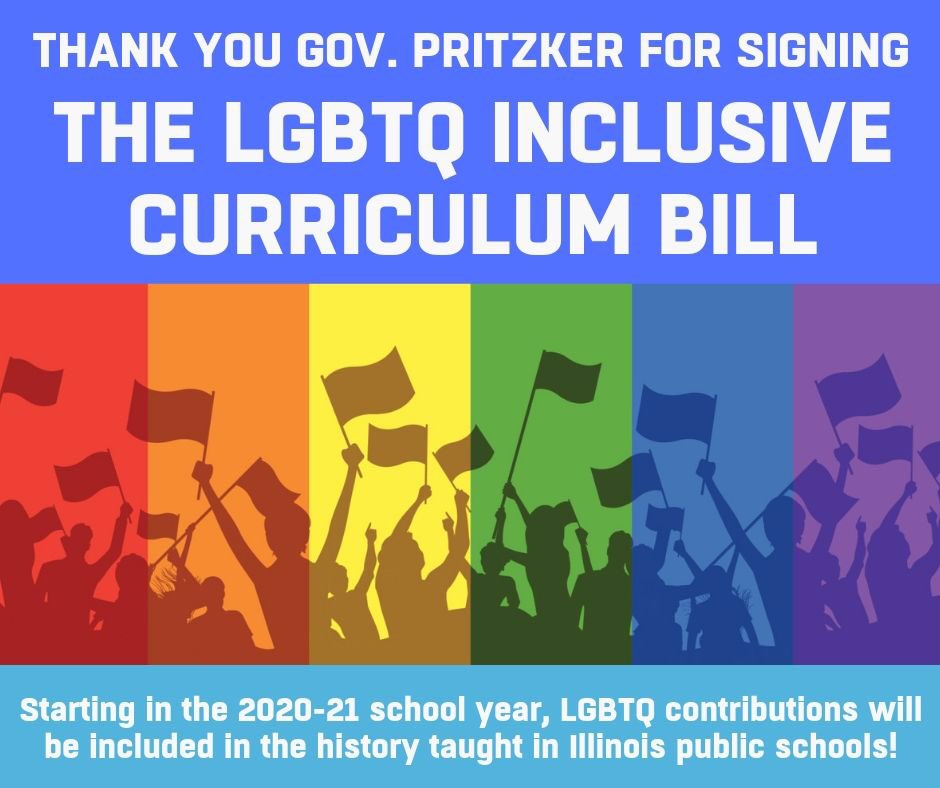 EqualityILL's tweet photo. 💥#LGBTQ INCLUSIVE CURRICULUM BILL approved by @GovPritzker💥Starting next year, #Illinois public school students will learn about LGBTQ contributions in history. THNX Gov. Pritzker, legislative champs @staterepmoeller @SenatorSteans, amazing partners @ILSafeSchools @lgbt_legacy! https://t.co/Uhait5AiSX