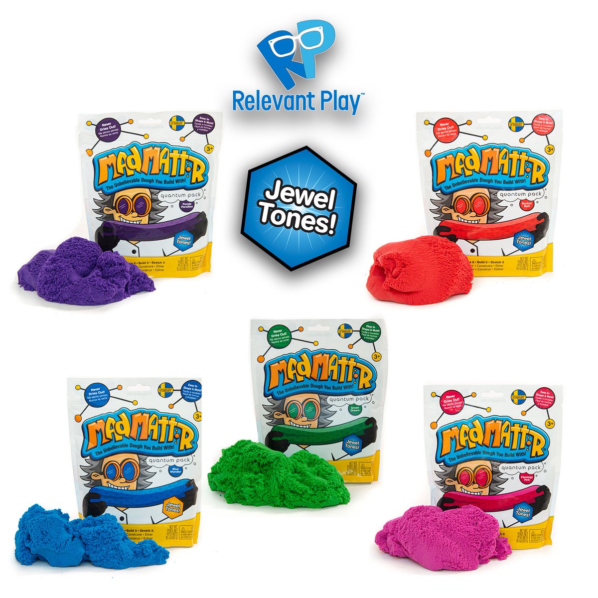 relevantplay's tweet photo. The new Mad Mattr Jewel Tone 10 oz Quantum Packs are headed to a store near you! 5 vibrant colors: Rocket Red, Green Dream, Blue Wonder, Purple Paradise, &amp; Flamingo Pink! #madmattr #learningthroughplay #creativeplay #funforeveryone #wheatfree #glutenfree #neverdriesout https://t.co/fp2AsHerqL