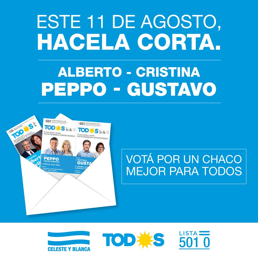 GustavoPorChaco's tweet photo. Este domingo acompañanos con tu voto para seguir construyendo entre todos el Chaco que viene☑️
#Lista501 "O"
#CelesteYBlanca🇦🇷
#Tod☀️s https://t.co/Bg0UQLg46j