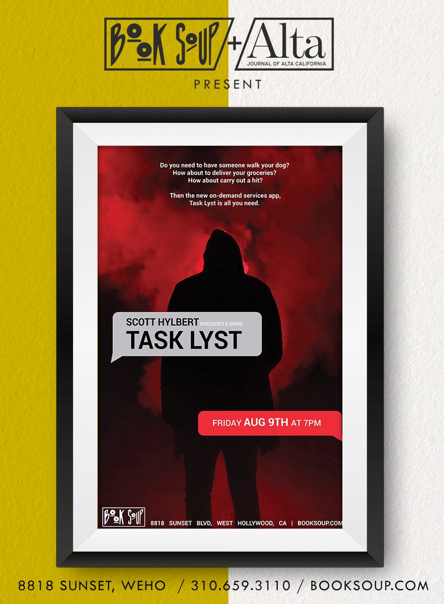 BookSoup's tweet photo. Put this on your TASK LYST: We're hosting @Hylbert tonight at 7PM! Co-presented by @AltaJournal https://t.co/L0xpbqIamw #BookSoupxAlta #TaskLyst https://t.co/RGhvanoMd7