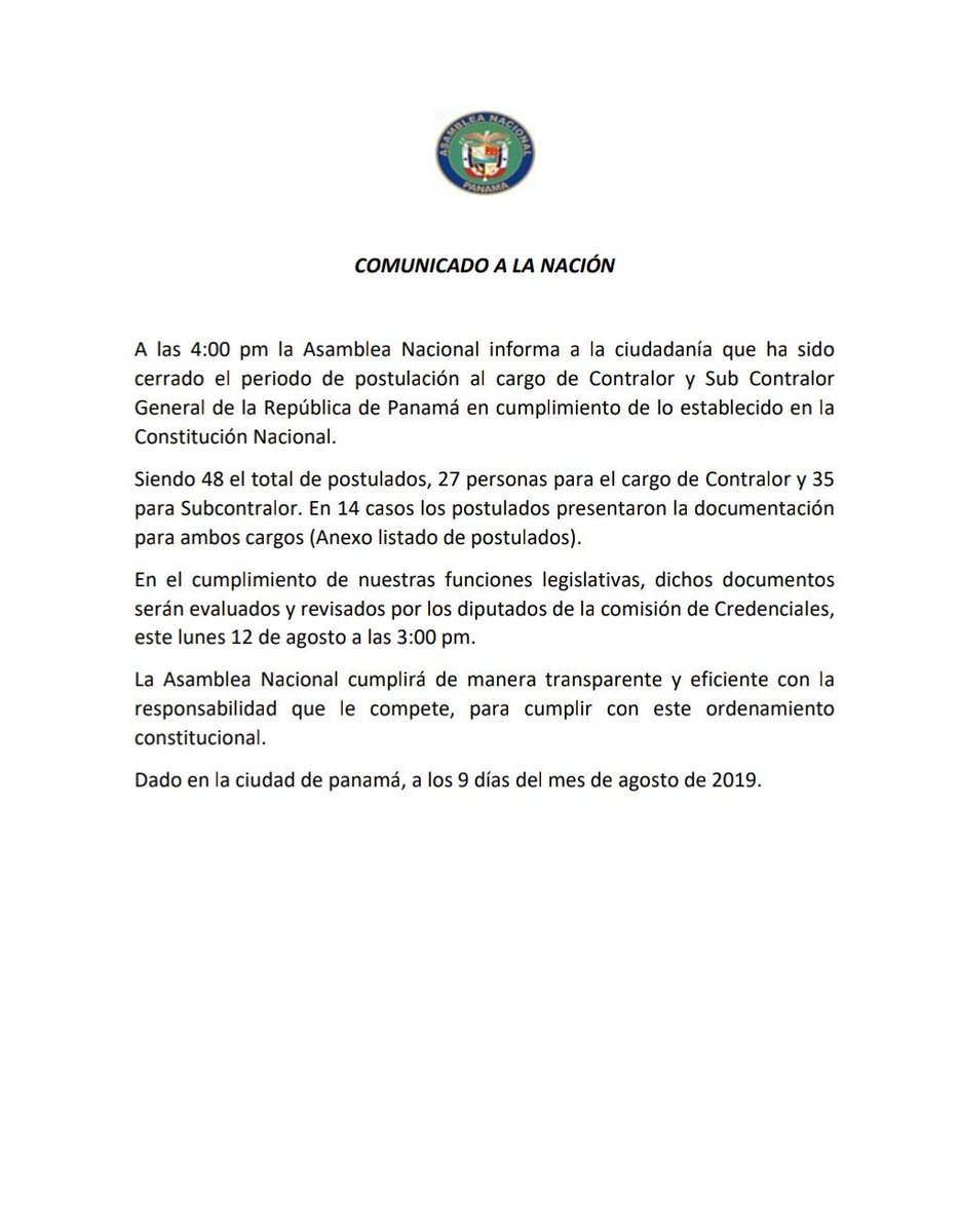 Despiertainfor1's tweet photo. Un total de 48 personas presentaron sus documentos para aspirar al cargo de Contralor (27) y Sub Contralor 35 el plazo venció este viernes 9 de Agosto, a partir del próximo lunes la Comisión de Credenciales de la @asambleapa procederá a, realizar las evaluaciones https://t.co/RcxzgFqG2k