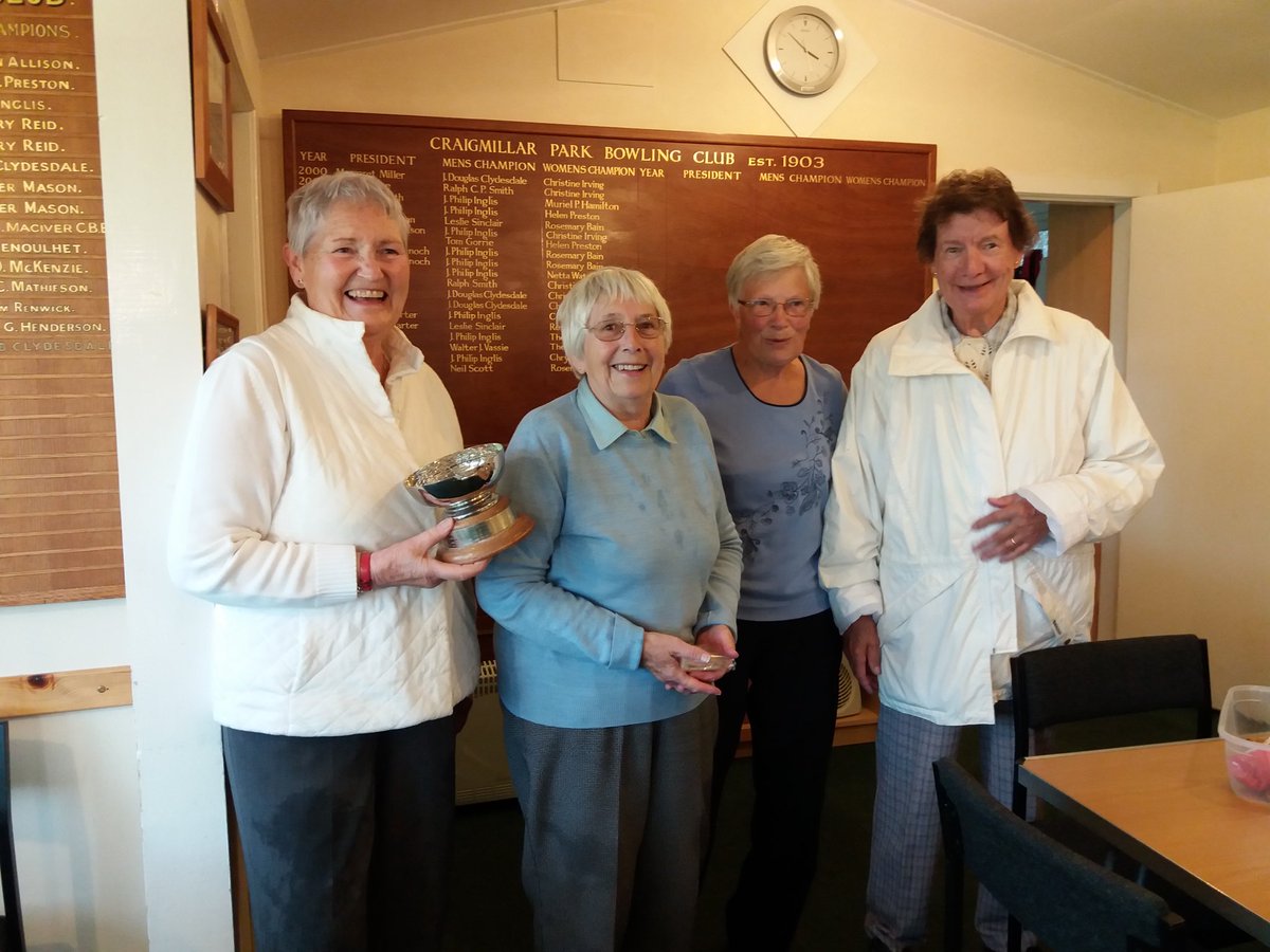 CPBowlingClub's tweet photo. The final of the ladies 4 bowl pairs was played on Wednesday 7 August.

The winners were Sheena Stenhouse and Irene Matheson flanked here by the runners up Roberta Stewart and Rosemary Bain. https://t.co/r2m6T09mbE