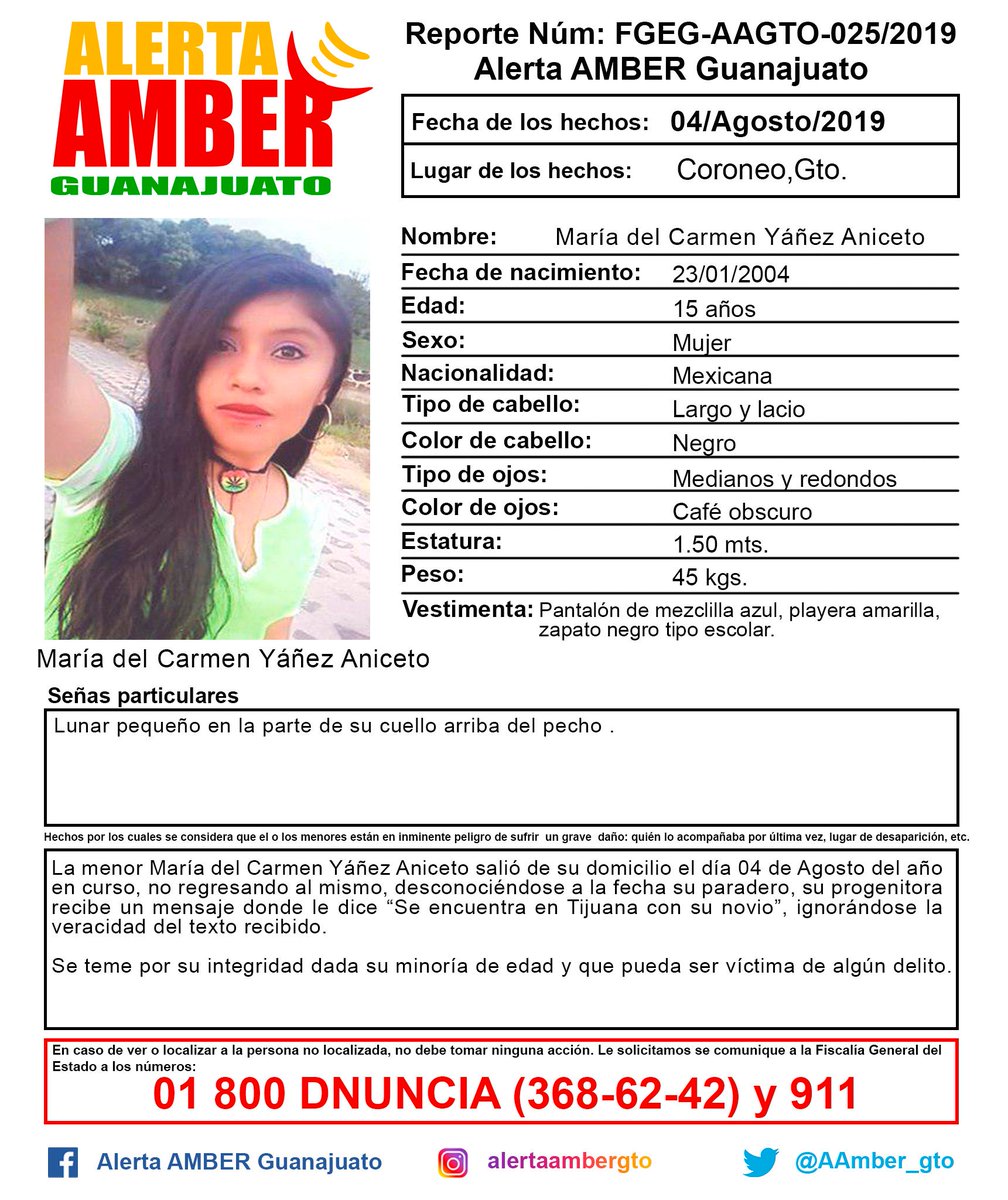 Activación de la Alerta AMBER Guanajuato de la menor María del Carmen Yáñez Aniceto , de 15 años de edad, Coroneo, Gto. ¡Ayúdanos a localizarla!