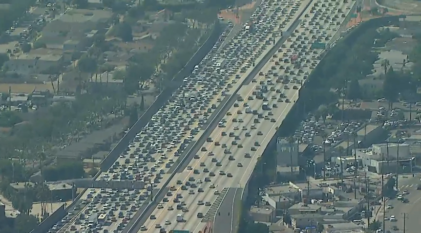 ABC7's tweet photo. WATCH #LIVE: SB 405 shut down in Westchester after chase ends with 7 home invasion suspects taken into custody https://t.co/uZFPA7AQKL https://t.co/G8jDwtZObY