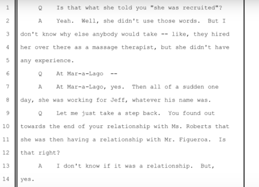 James Ausritch, Giuffre's former boyfriend describes when she told him of her "work" at Mar-a-lago and with Epstein. There's a section with an Epstein video deposition, but it consist of him taking the 5th on every question.