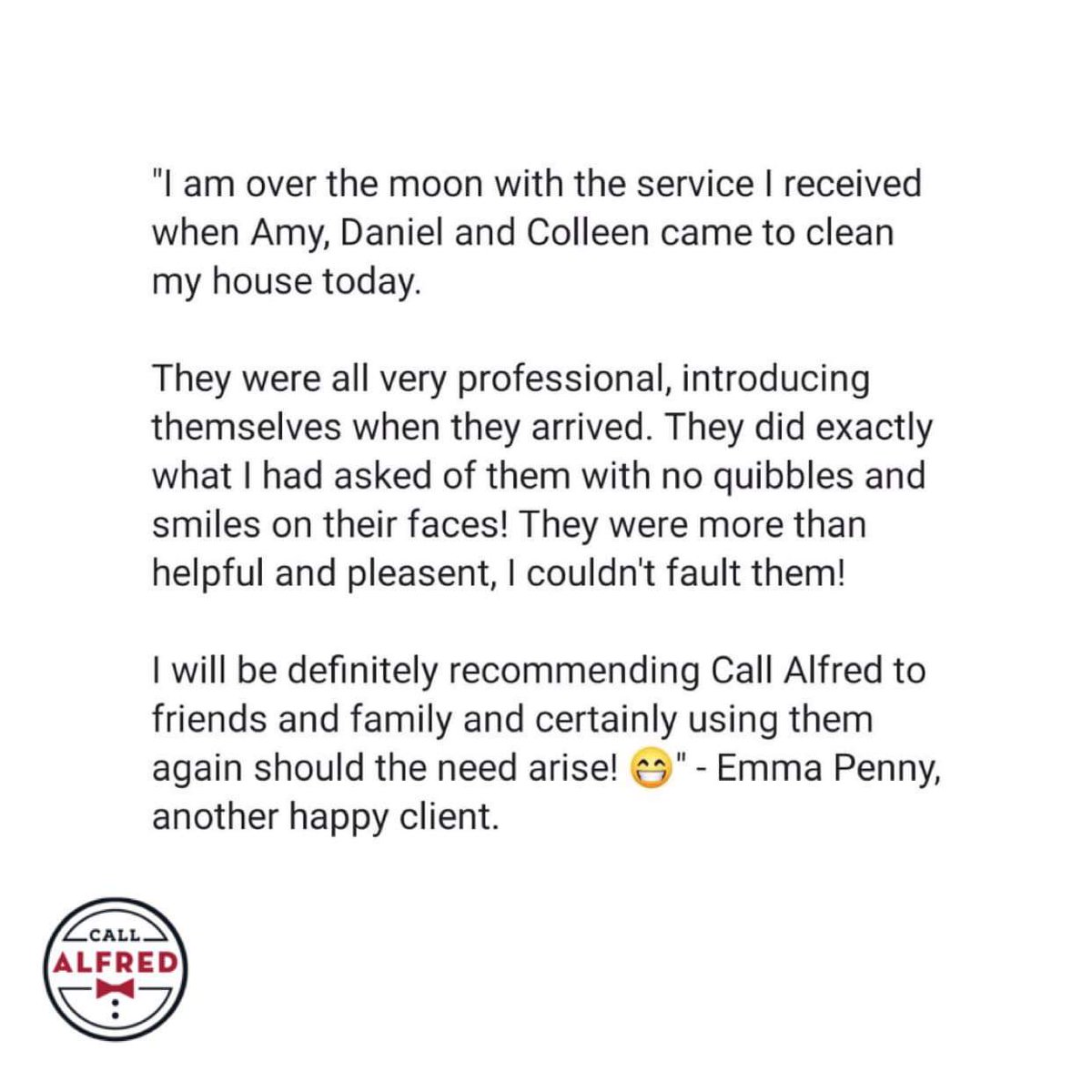CallAlfred's tweet image. Lovely feedback for some of our fantastic staff members, Daniel, Amy and Colleen as they leave another client feeling happy and satisfied with their service yesterday!