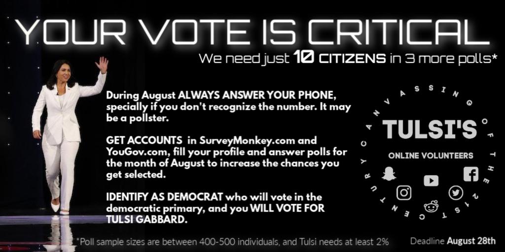 AlanMyron's tweet photo. Be the hero who sends Tulsi to the third debate. Due to the small sample sizes, YOUR VOTE REALLY MATTERS. #TOV #DefendingTruth #Tulsi2020 https://t.co/Bim4m19d25