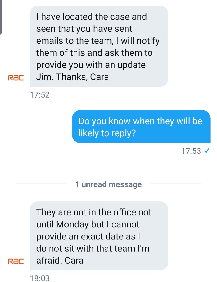 fcunitedfan's tweet photo. @RAC_Care Now 5 weeks since the RAC wrote off my vehicle. The department that deal with this will only be contacted by email. And choose to ignore them. So you have nowhere to turn. They have ignored my 4 emails in the last two days. I have had no transport for 5 weeks!!! https://t.co/n6yupCe4lI