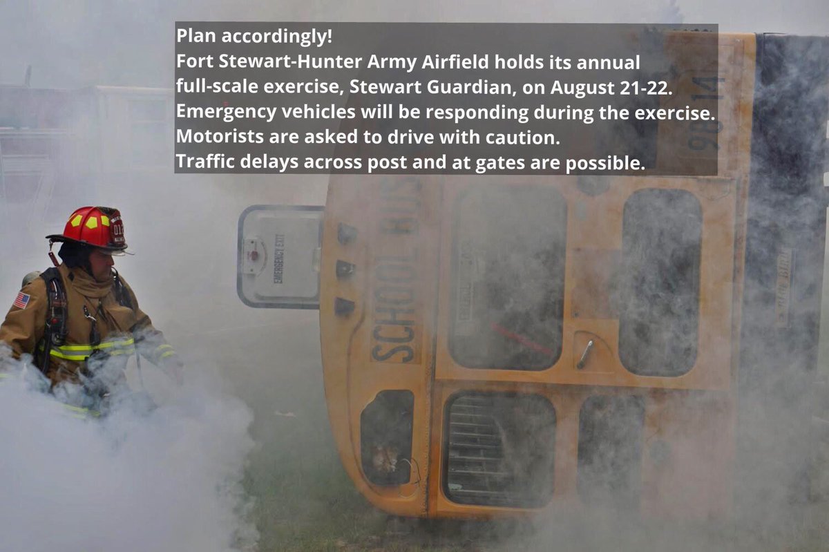 USAGStewartHAAF's tweet photo. Plan accordingly! Our annual full-scale exercise, Stewart Guardian, is Aug. 21-22. Emergency vehicles will respond during the exercise, and motorists are asked to drive with caution on post. Traffic delays across post and at gates are possible. https://t.co/yjVsw8qiVf