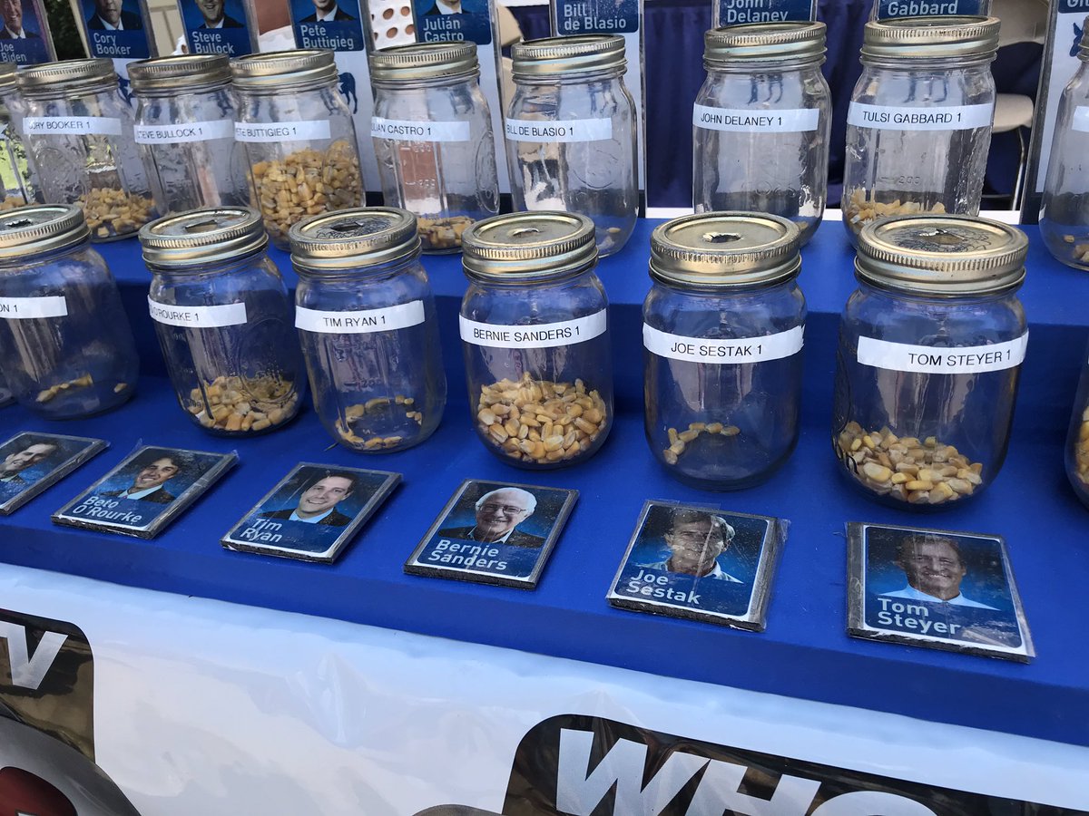 PollsterPatrick's tweet image. Messam, Moulton, and Sestak are the only candidates still in single digits at #CastYourKernel.  But look at Steyer’s jar.  That probably cost him about $10,000 per kernel.