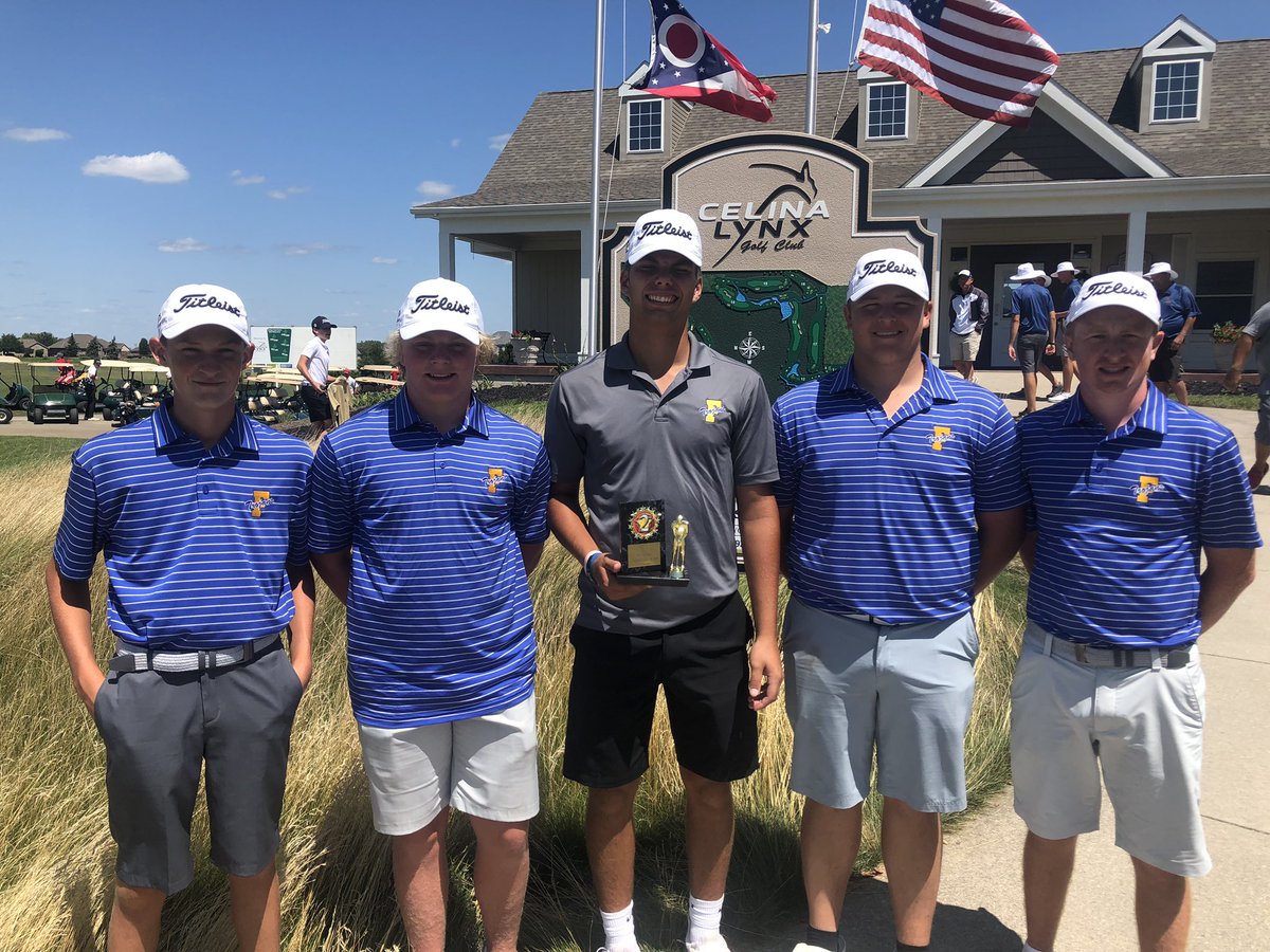 FindlayGolf's tweet photo. The Boys Varsity team was in action today in Celina. The took second as a team with a score 335. The boys play at Heatherdowns tomorrow for TRAC #2. #trojantrue @FHSAthletic https://t.co/e4Askx9WAm