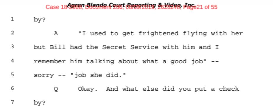 Back and forth between lawyer and Giufrre, discussing the reporter, Sharon Churcher, and some of the statements she might've gotten wrong, misconstrued, etc."checkmarks" are things she thinks Churcher got wrong.Clinton discussed here. Giuffree didn't actually witness herself