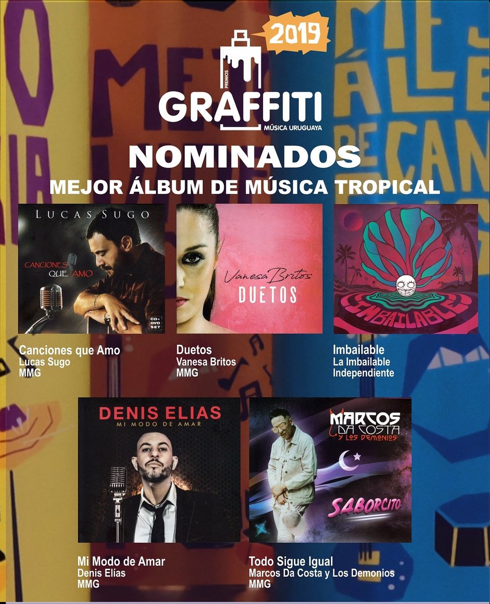 PremiosGraffiti's tweet photo. Los nominados a Mejor Álbum de Música Tropical son @lucas_sugo @VaneBritos15 @laimbailable Denis Elías @MarcosDaCostaO1 
Los premios se entregan el 27 de agosto en @AuditorioSodre https://t.co/d7vsBbHtWx