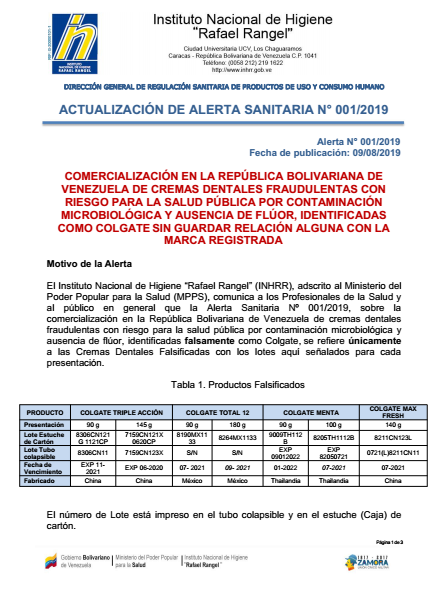 Inhrr_ve's tweet photo. @INHRR_Vzla Informa a todo el pueblo venezolano, la actualización de la Alerta sobre la Comercialización en nuestro Paìs de cremas dentales fraudulentas con riesgo para la salud pública por contaminación microbiológica y ausencia de flúor. Seguir enlace-->https://t.co/V0Xnl4nzmg. https://t.co/KHFkDbEFG6