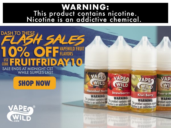 VapeWild's tweet photo. What's better than fruity #flavors on a Friday?!🤔

Enjoy this flash #sale, where every #VapeWild fruit #flavor is 10% off all day!😱 Use code FRUITFRIDAY10 to save now!🙌

🌐:https://t.co/3JYsEO1mEq https://t.co/kQoOe6ncO0
