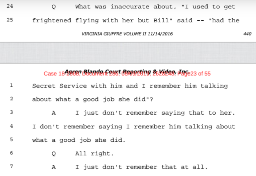 Back and forth between lawyer and Giufrre, discussing the reporter, Sharon Churcher, and some of the statements she might've gotten wrong, misconstrued, etc."checkmarks" are things she thinks Churcher got wrong.Clinton discussed here. Giuffree didn't actually witness herself